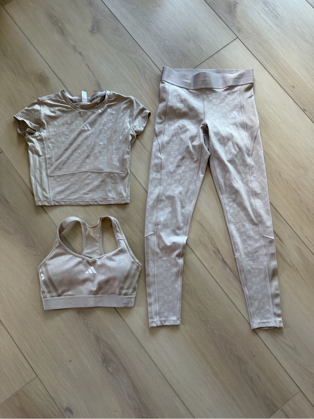 Adidas Cream beige Women's Leggings and Crop Tee and Sport Bra Athletic Set